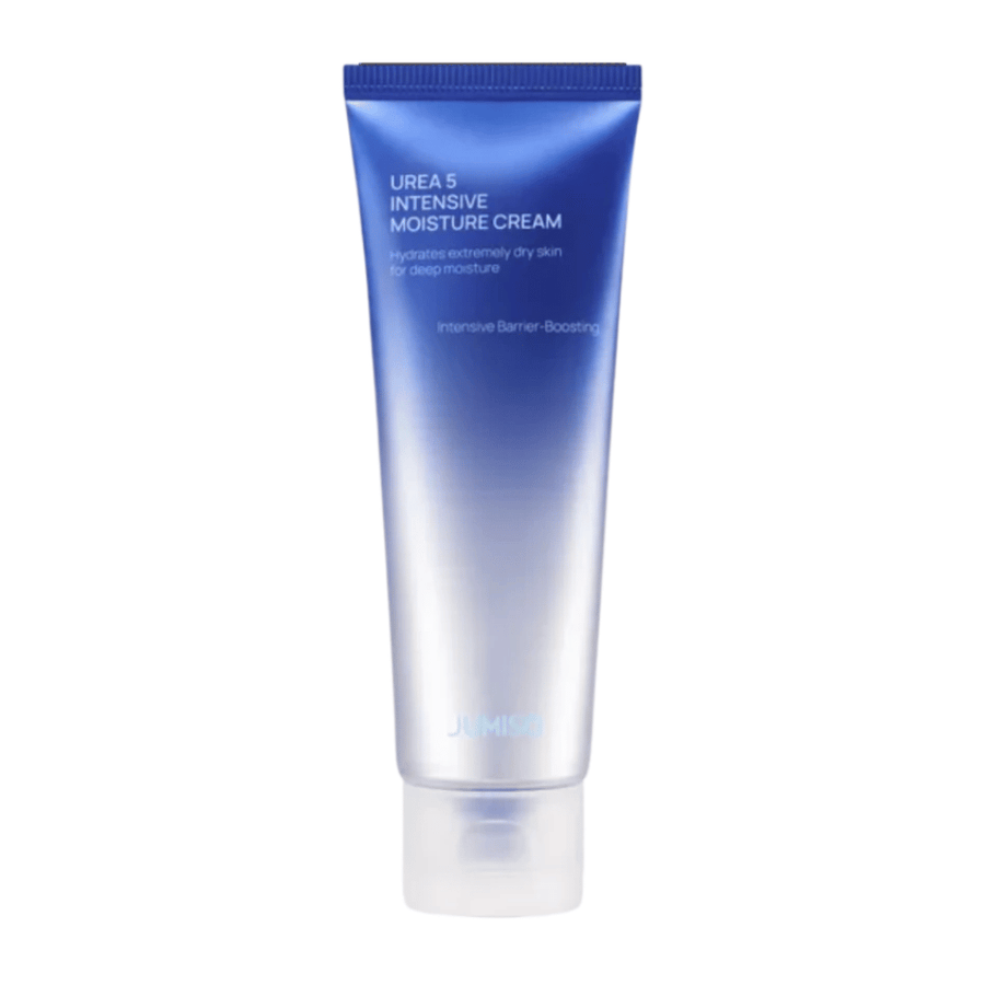 Frilagd produktbild av Jumiso Urea 5 Intensive Moisture Cream mot vit bakgrund. Den blå tuben med minimalistisk design framhäver produktens fokus på intensiv återfuktning och hudbarriärstärkande vård för mycket torr hud.