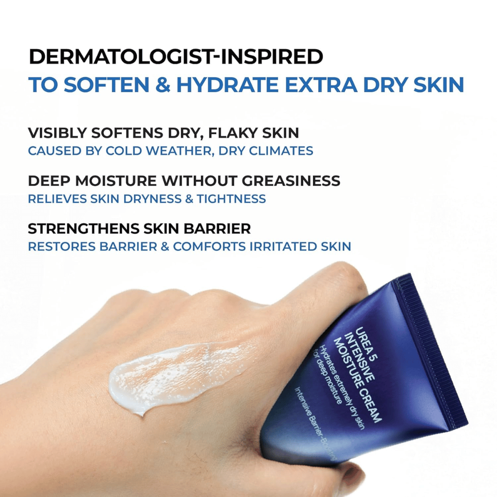 Informationsbild som lyfter fram de viktigaste fördelarna med Jumiso Urea 5 Intensive Moisture Cream. Krämen beskrivs som dermatologiskt inspirerad för mycket torr hud och hjälper till att mjukgöra flagig hud, ge djup återfuktning utan att kännas fet samt stärka hudbarriären. En hand visar produktens krämiga textur på huden.