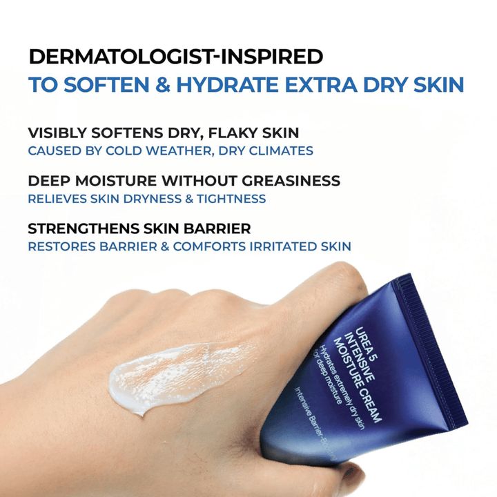 Informationsbild som lyfter fram de viktigaste fördelarna med Jumiso Urea 5 Intensive Moisture Cream. Krämen beskrivs som dermatologiskt inspirerad för mycket torr hud och hjälper till att mjukgöra flagig hud, ge djup återfuktning utan att kännas fet samt stärka hudbarriären. En hand visar produktens krämiga textur på huden.