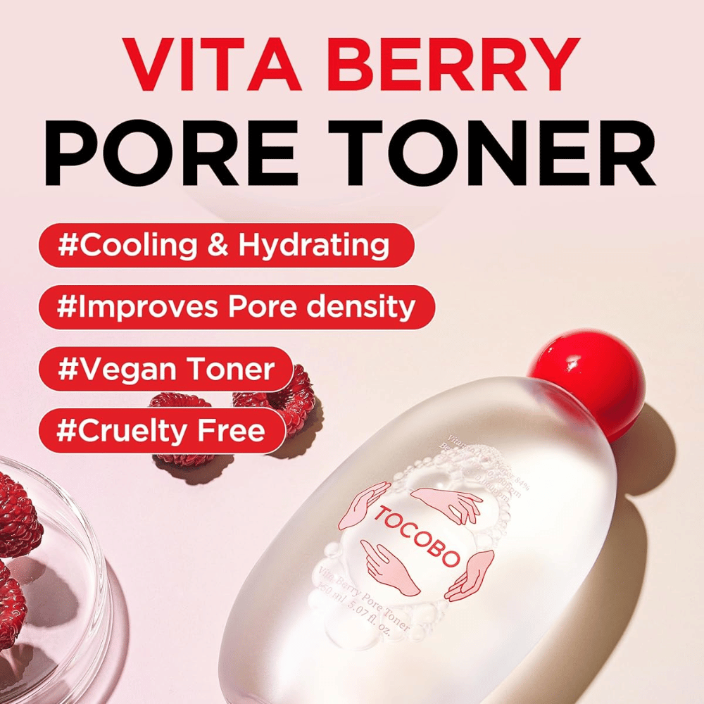 Produktbild med text som framhäver tonerns egenskaper såsom återfuktning, kylande känsla, förbättrad porvård samt att produkten är vegansk och cruelty-free.