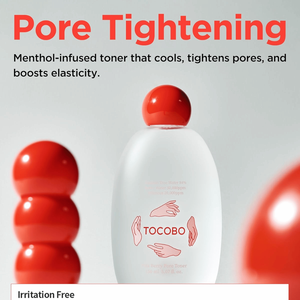Kampanjbild för TOCOBO Vita Berry Pore Toner som beskriver tonerns kylande effekt, porsammandragande egenskaper och förbättrad hudelasticitet med menthol-infuserad formula.