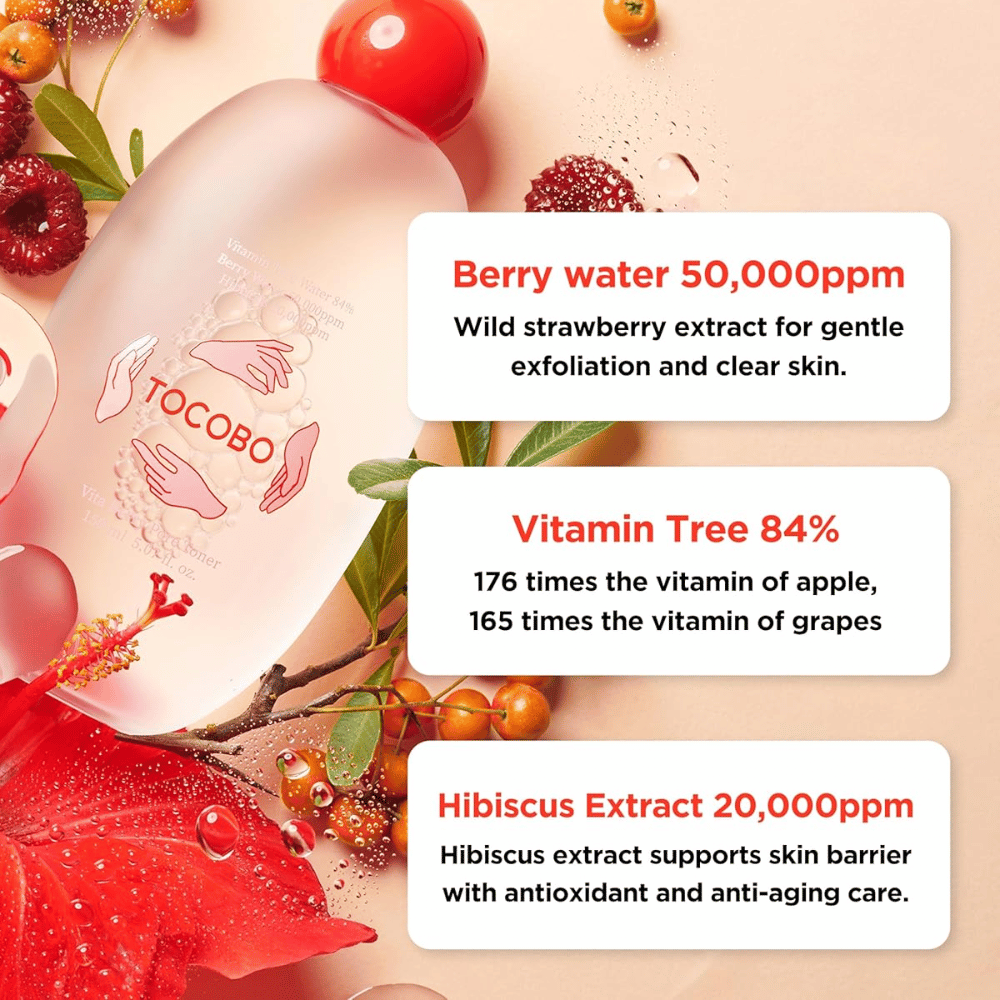 Ingrediensbild som lyfter fram nyckelingredienserna i tonern, inklusive berry water, vitamin tree och hibiskusextrakt, med fokus på exfoliering, antioxidantvård och stärkt hudbarriär.