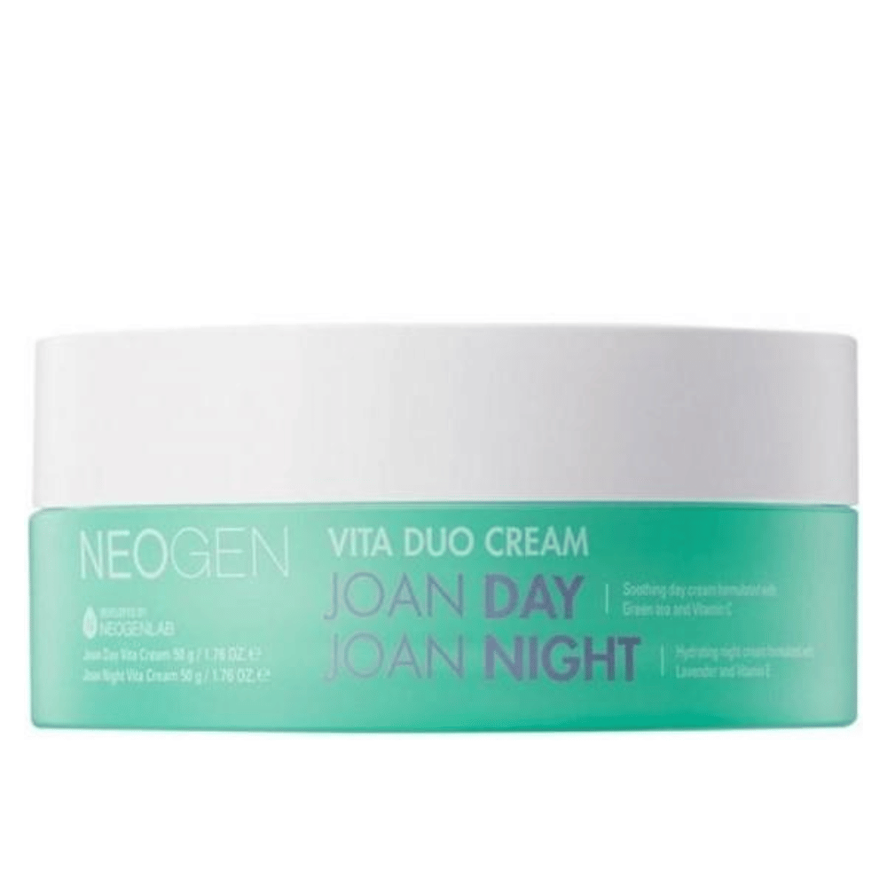 Det här är en förpackning av Neogen Vita Duo Cream Joan Day Joan Night. Krämen är en kombinationsprodukt med två typer av ansiktskrämer: en lugnande dagkräm och en återfuktande nattkräm.