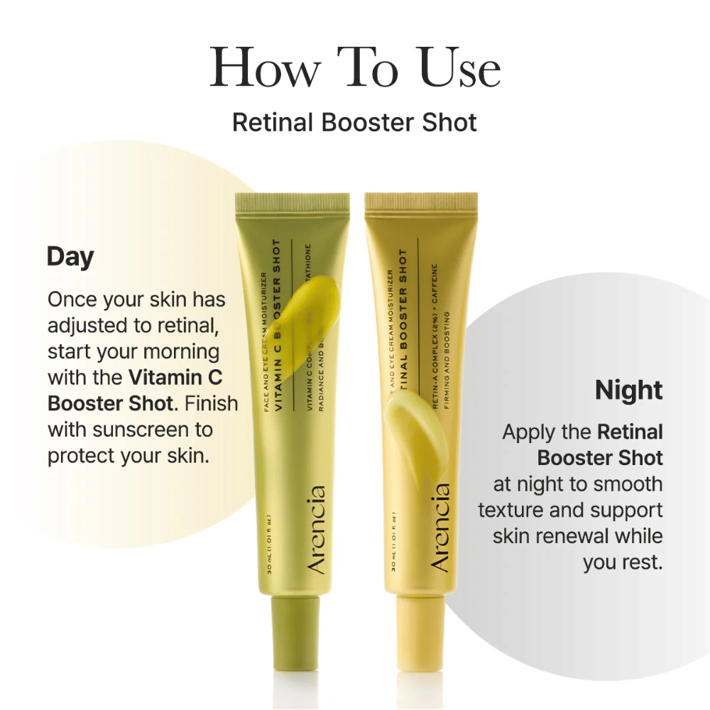 Så använder du Arencia Vitamin C Booster Shot – vitamin C-serum i morgonrutinen och retinal booster på kvällen för jämnare hudton och bättre lyster