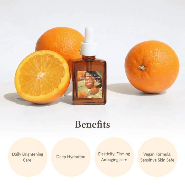 Flaska med Vitamin C Boosting Serum omgiven av färska apelsiner, med fördelar listade: ljusgörande vård, djup återfuktning, elasticitet och fasthet samt säker för känslig hud med vegansk formula.