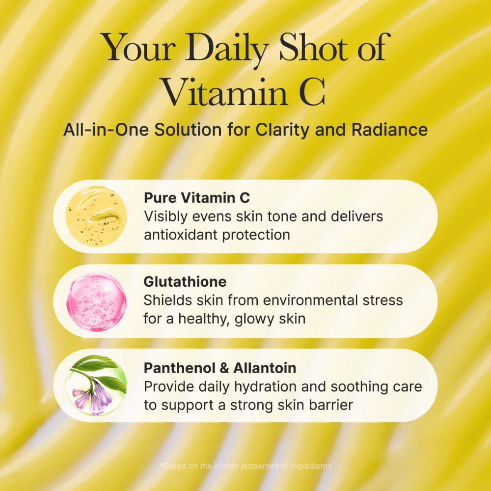 Arencia Vitamin C Booster Shot ingrediensöversikt – vitamin C som jämnar ut hudton, glutathione med antioxidativ effekt samt panthenol och allantoin som återfuktar och lugnar huden