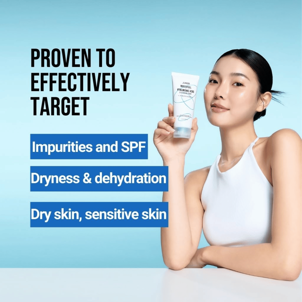 Person med klar och återfuktad hud håller upp Jumiso Waterfull Hyaluronic Acid Cleansing Foam. Bilden beskriver produktens förmåga att rikta in sig på orenheter, SPF-rester, torrhet och känslig hud.