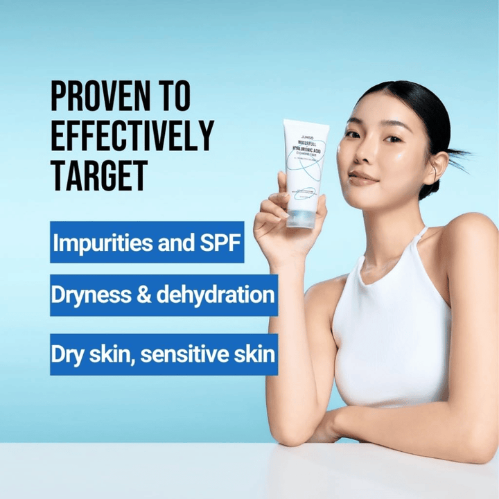 Person med klar och återfuktad hud håller upp Jumiso Waterfull Hyaluronic Acid Cleansing Foam. Bilden beskriver produktens förmåga att rikta in sig på orenheter, SPF-rester, torrhet och känslig hud.