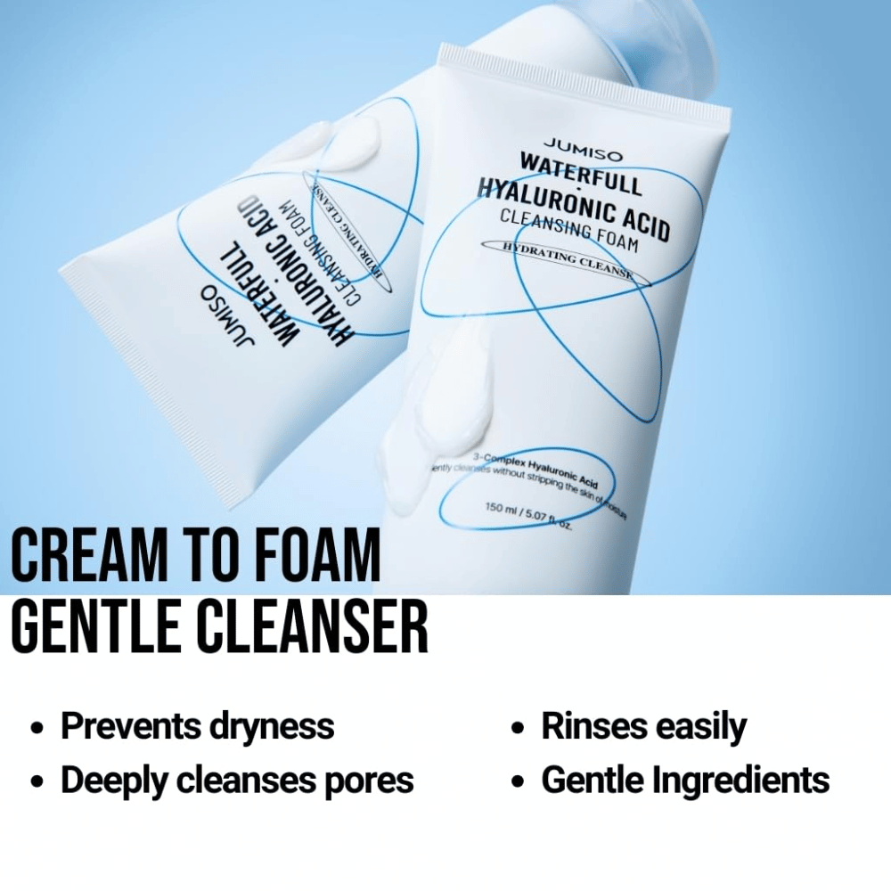 Två tuber av Jumiso Waterfull Hyaluronic Acid Cleansing Foam mot ljusblå bakgrund. Bilden lyfter fram en kräm-till-skum-rengöring som rengör porer skonsamt, motverkar torrhet och är lätt att skölja av.