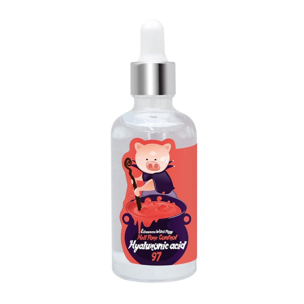 Elizavecca Witch Piggy Hell Pore Control Hyaluronic Acid 97 – koncentrerat hyaluronsyra-serum som stärker hudbarriären och ger långvarig återfuktning.