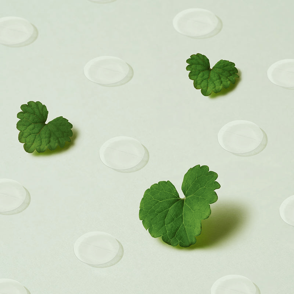 Genomskinliga spot patches tillsammans med centella-blad som illustrerar Purito Wonder Releaf Centella Spot Patch och dess lugnande effekt på inflammerad och känslig hud.