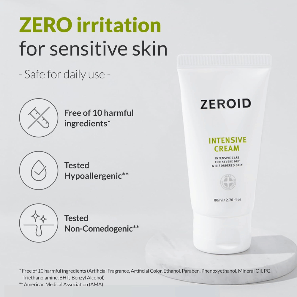 ZEROID Intensive Cream är utvecklad för känslig hud och är fri från tio vanligt förekommande ingredienser som kan orsaka irritation. Krämen är hypoallergent testad, icke-komedogen och passar för daglig användning.
