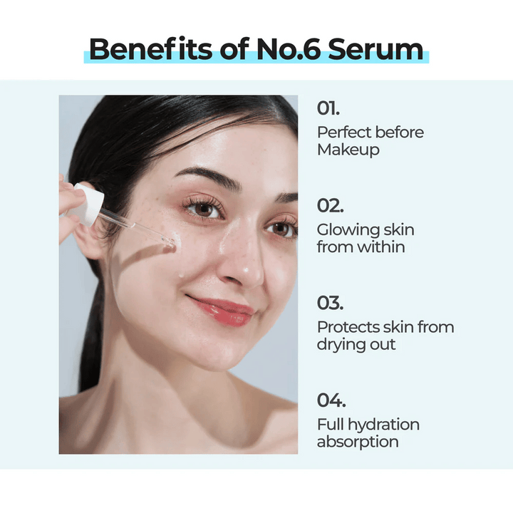 Kvinna applicerar numbuzin No. 6 Deep Sleep Mask Serum med pipett, som ger glow, skyddar mot torrhet och absorberas fullt av huden.