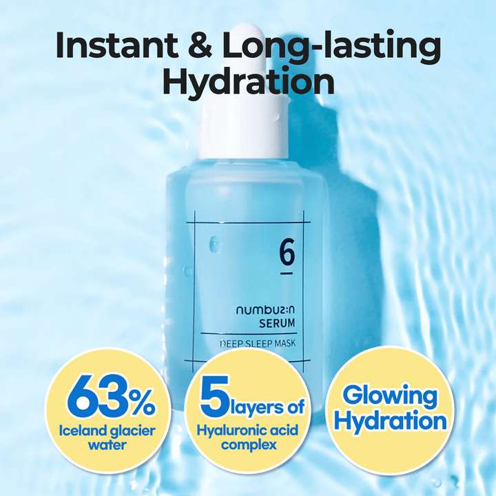 numbuzin No. 6 Deep Sleep Mask Serum med 63% glaciärvatten och 5 lager hyaluronsyra, för intensiv och långvarig återfuktning.