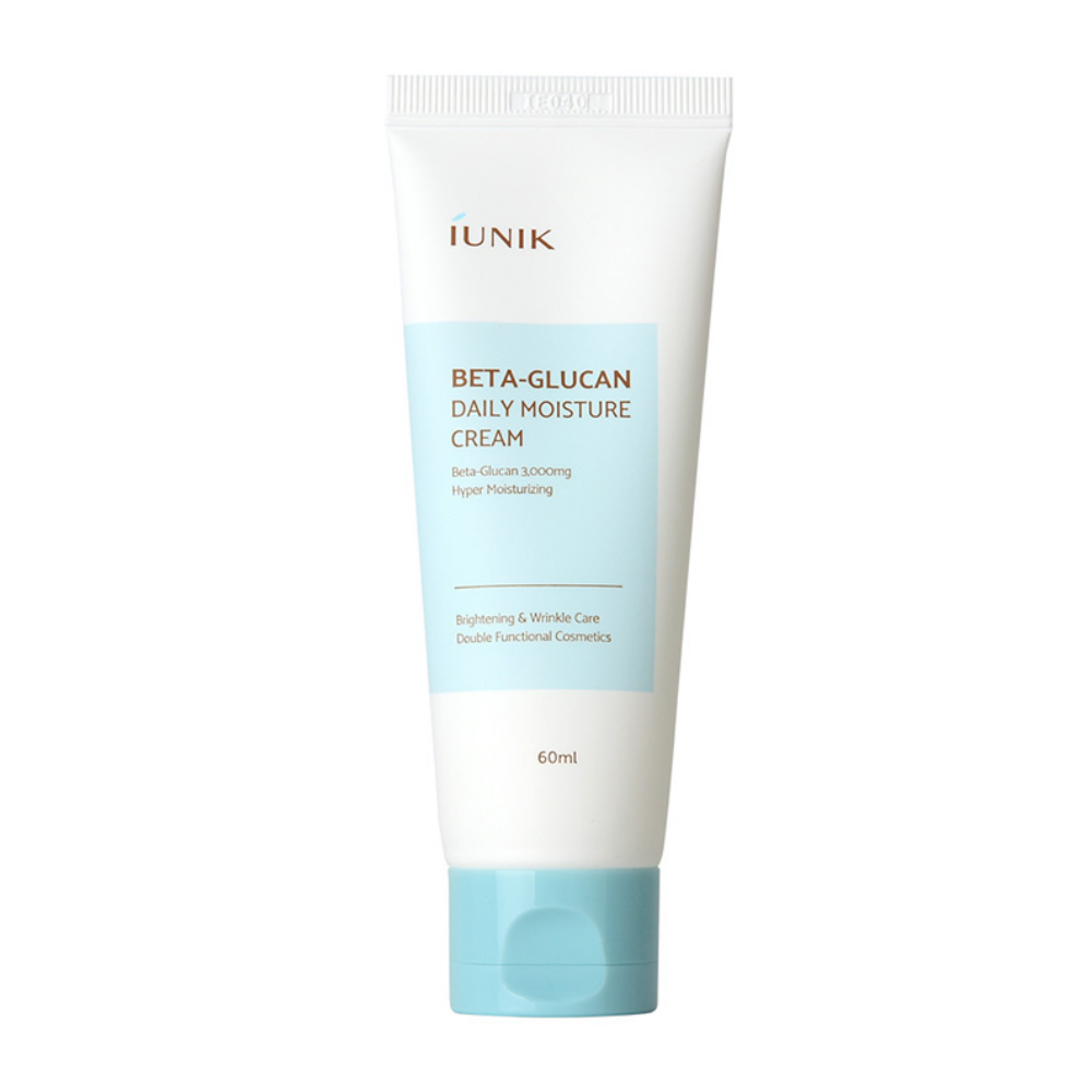 En tub med iUNIK Beta-Glucan Daily Moisture Cream 60ml på vit bakgrund, främjar hudens återfuktning.