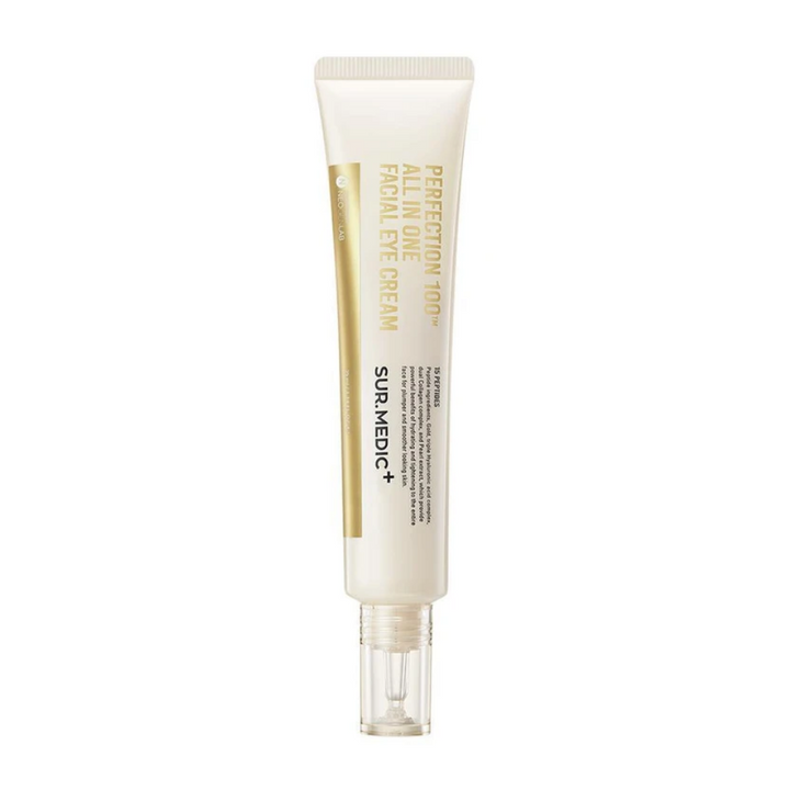 En tub Surmedic Perfection 100TM All In One Facial Eye Cream 35ml med 24k guldflingor på vit bakgrund från märket NEOGEN.