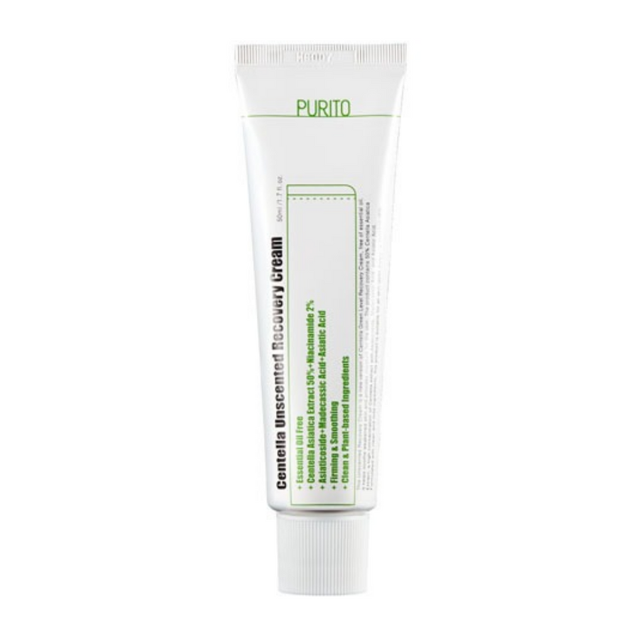 En vegansk tub PURITO Centella Unscented Recovery Cream 60ml på vit bakgrund.
