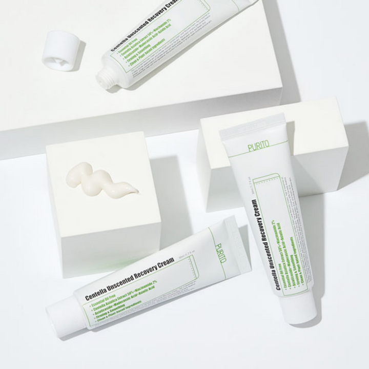 Tre tuber PURITO Centella Unscented Recovery Cream 60ml på en vit yta.