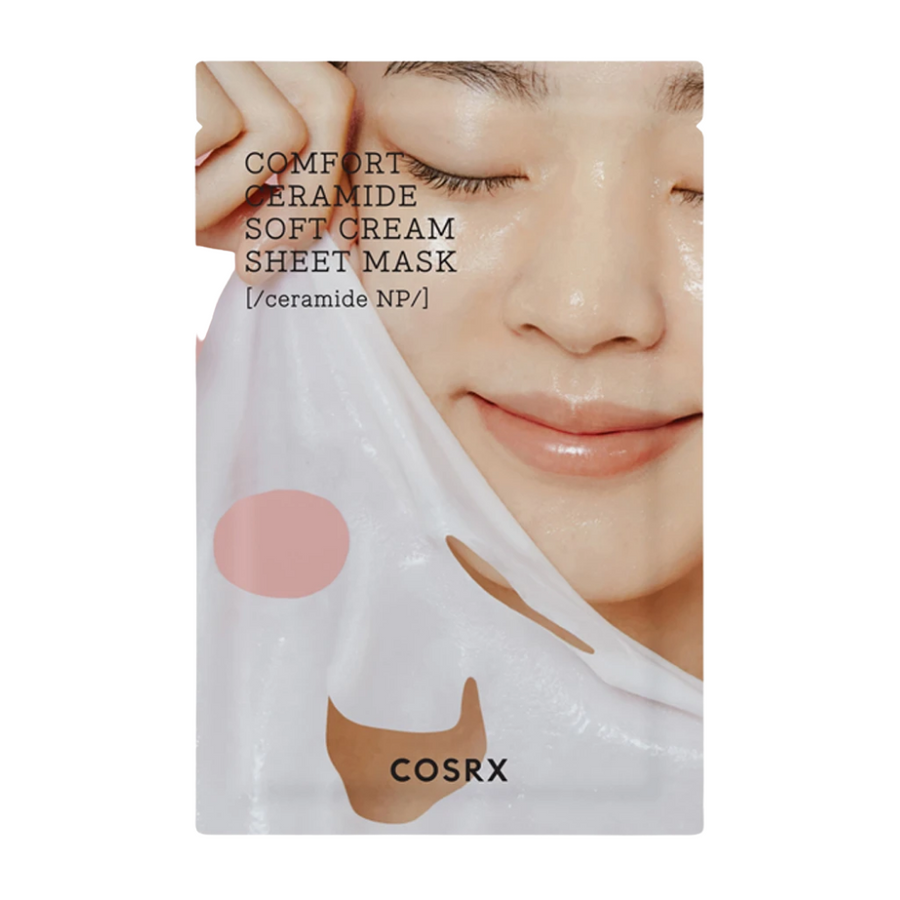 En Balancium Comfort Ceramide Soft Cream Sheet Mask designad med en kvinnas ansikte för återfuktning och komfort av huden, från märket COSRX.