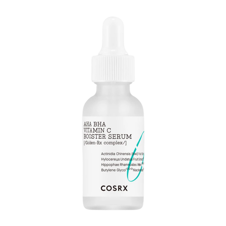 Ett COSRX Refresh AHA BHA Vitamin C Booster Serum med AHA, BHA och C-vitamin, fotograferat på en vit bakgrund.