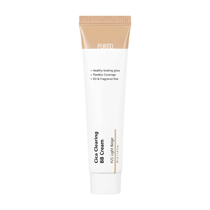 En tub PURITO Cica Clearing BB Cream 30ml på vit bakgrund.