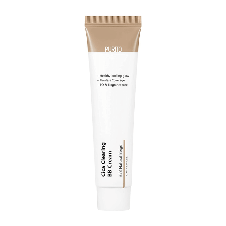En tub PURITO Cica Clearing BB Cream 30ml på vit bakgrund med cikaextrakt för förbättrad hudbarriär.