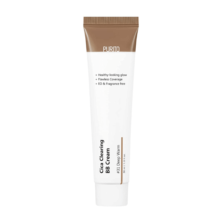 En tub PURITO Cica Clearing BB Cream 30ml med cica-extrakt på vit bakgrund.