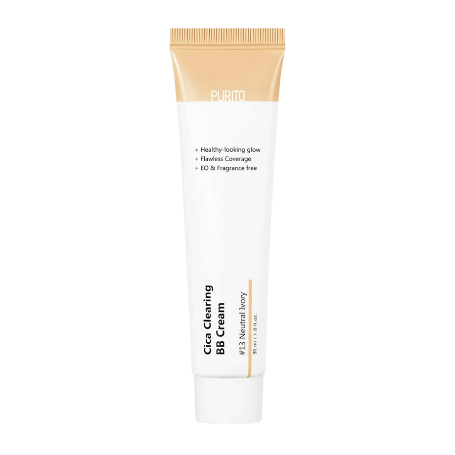 En tub PURITO Cica Clearing BB Cream 30ml, med cica-extrakt, som framhäver dess fördelar för hudbarriären (hudbarriären), på en vit bakgrund.